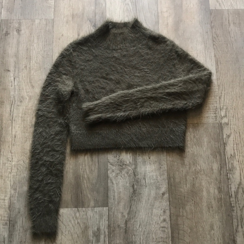 Olive Green Mock Neck Cropped Fuzzy Sweater